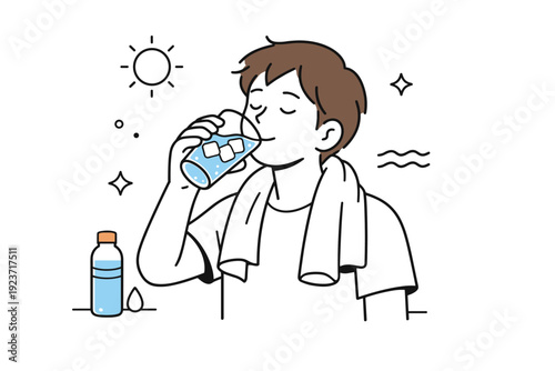 Refreshing Heat Relief. Extreme heat everyday life. Person drinking cold water with ice cubes, towel around neck, calm expression. Small moments of relief and