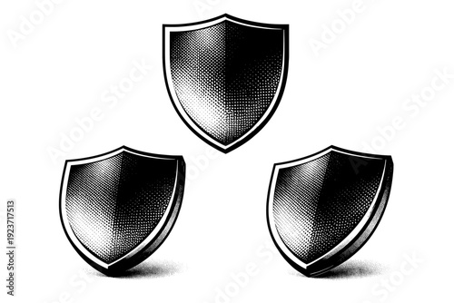 Brand-neutral shield emblem. Black and white dot style with halftone texture and high contrast. Halftone texture with partial solid black