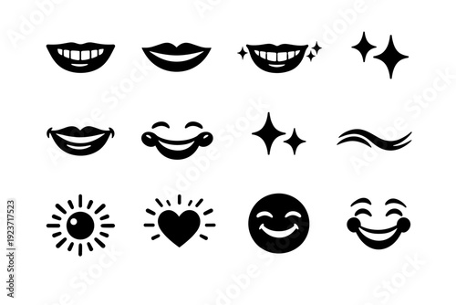 Radiant smile. Solid icon set of Radiant smile: smiling mouth close-up, curved lips, teeth smile, joy lines, cheek highlight, happiness spark, glow effect,
