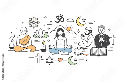 Spiritual practices in different religions. Diverse symbols of faith arranged harmoniously, representing meditation, prayer, and