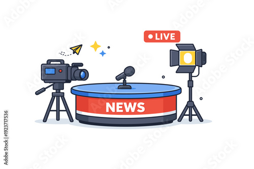 News studio preparation simplified news desk with microphone, camera and lighting elements, representing credibility, information flow and
