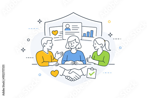Ethics of data collection. Characters discussing data cards behind a soft abstract shield, calmly agreeing on rules and boundaries. The illustration reflects