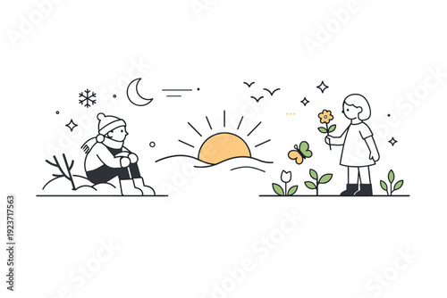 Spring Equinox Transition. Spring equinox transition. A gentle editorial illustration capturing the shift from winter to spring. Abstract plants begin to grow