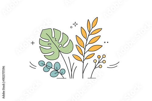Minimal plant decor. A few carefully arranged leaves and branches form a quiet composition. The illustration reflects modern interior style