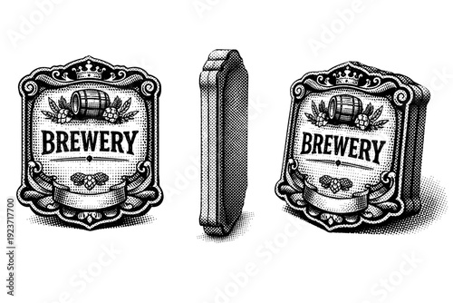 Decorative brewery emblem label object shown in three views including front view, side view, and angled view focusing on ornamental frame and paper thickness.