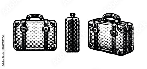 Black white halftone travel patch set suitcase patch A suitcase travel patch emblem is shown as a single object from three different views: