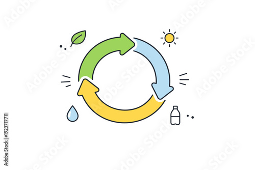 Circular recycling concept. A minimal composition with arrows forming a soft circular loop, suggesting reuse and continuous flow. The mood