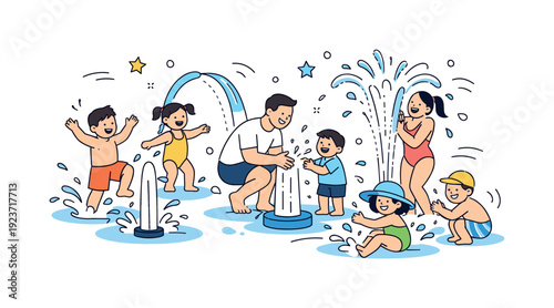 Happy family and children playing in water park with fountains and splashes
