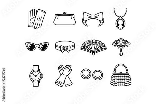 Vintage Accessories. Line icon set of Vintage Accessories: leather gloves, retro clutch, bow headband, cameo necklace, tortoiseshell sunglasses, pillbox hat,