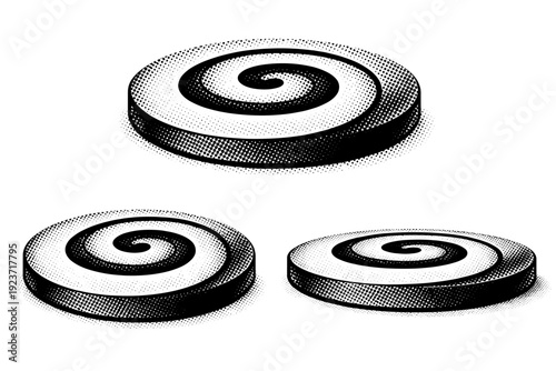 Dotted spiral object flat spiral disk, a compact spiral-shaped solid compressed into a low-profile form shown as the same object in three