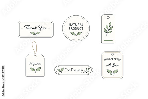 Botanical tag set. A small collection of coordinated labels and tags with leaf accents and soft frames, suggesting a cohesive branding system. Calm organic