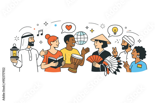 Celebrating diversity illustration. People exchanging ideas, holding symbols of culture and identity, with soft decorative shapes