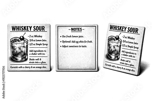 Whiskey sour recipe card. A realistic whiskey sour recipe card shown as a single object from three different angles: front view, back view, and three-quarter