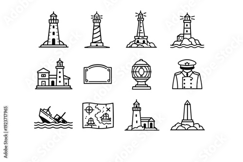 Historic and Iconic Lighthouses. Line icon set of Historic and Iconic Lighthouses: old stone lighthouse, striped lighthouse design, world-famous tower,