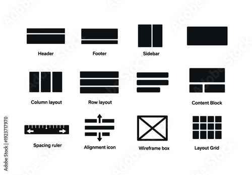 Collection of web design layout icons for user interface elements and structure