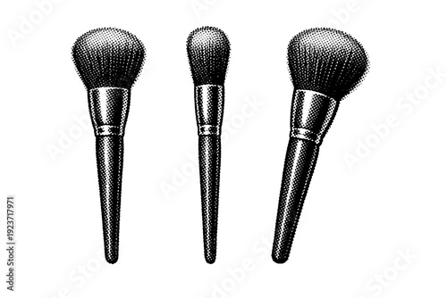 Makeup brush icon depicted as one isolated cosmetic tool shown in front view, side view, and three-quarter angled view highlighting bristle volume. Black and