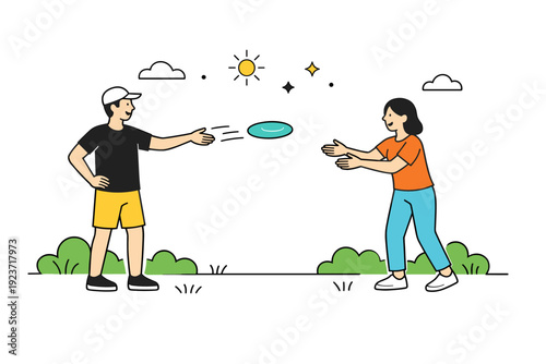 Friendly frisbee toss in nature. Two figures stand apart on grass, calmly exchanging a frisbee with gentle gestures. The scene feels balanced, social, and