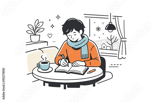 Winter cafe hopping rituals. Person writing or reading in a cafe corner, notebook and coffee on the table, quiet focus and creative solitude, soft winter light
