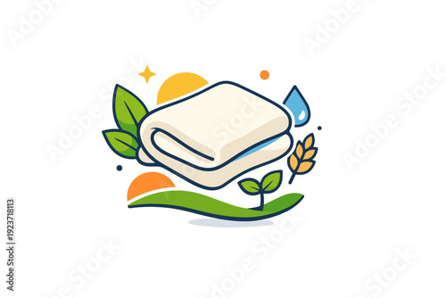 Sustainable fashion focused on natural materials represented by a soft textile icon combined with plants and organic shapes, symbolizing