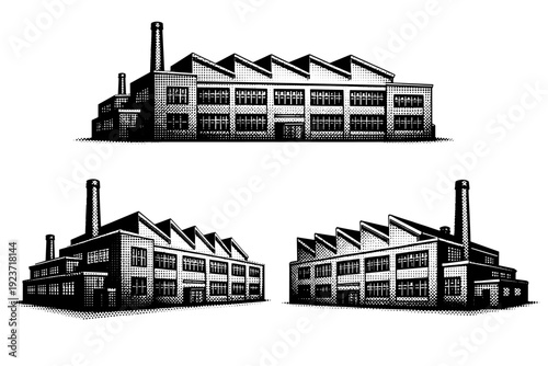 Industrial factory textile manufacturing plant. A mid-scale industrial factory building with repetitive window rows, sawtooth roof sections,