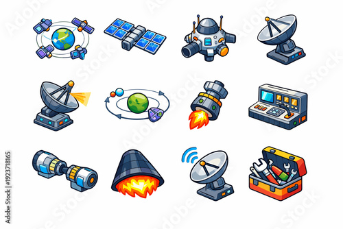 Space technology. Colorful isometric vector icons set of space technology: satellite network, solar panels array, navigation module, communication antenna,