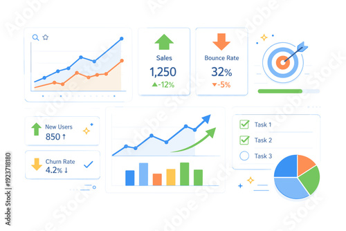 Analytics and progress tracking. A dashboard-style layout with line charts, arrows, and small indicators arranged neatly. Clarity, insight,