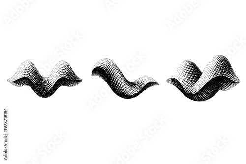 Organic dot wave wallpaper tile represented as one repeating abstract pattern object shown in three views: front view, side view, and three-quarter view