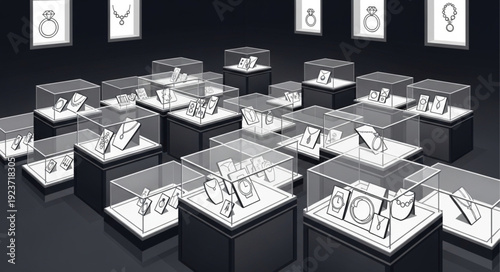 Jewelry display cases showcasing various elegant and luxurious accessories.