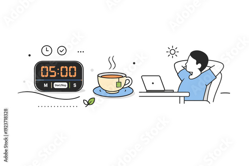 Intentional break at work. Minimal scene showing a timer, tea cup, and relaxed posture at a desk. Awareness, structure, and healthy work rhythm. Minimalist