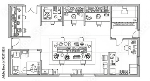 Detailed architectural floor plan showcasing office layout with workstations and various rooms.