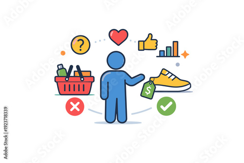 Consumer behavior everyday purchasing pattern illustrated through a shopper icon interacting with product symbols and simple decision cues,