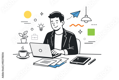 Entrepreneur at coffee shop. A relaxed entrepreneur works on a laptop at a cozy cafe table, with documents and tablet nearby, abstract