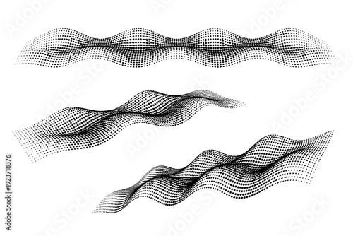 Wavy Dotted Mesh. Wavy dotted mesh lines A wavy dotted mesh line pattern shown in flat view, tilted view, and three-quarter perspective highlighting depth
