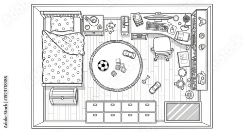 Detailed top-down view of a childs bedroom with furniture and decorations.