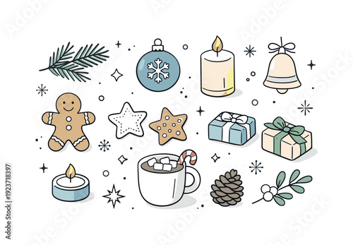 Winter holiday flat lay elements. Festive objects arranged in a clean top-down composition, including ornaments, candles, cookies, and