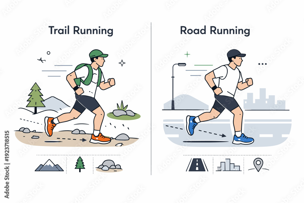 Fototapeta premium Trail and road running comparison. Athlete testing shoes on different surfaces with simplified motion trails and markers, calm and structured mood. Clean