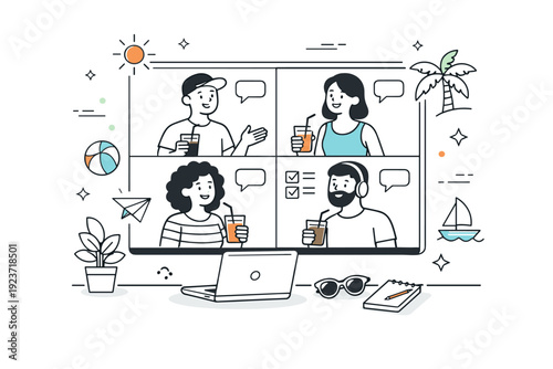Summer team check-ins online. A calm virtual stand-up shows colleagues sharing updates with relaxed postures, iced drinks, and subtle summer icons floating