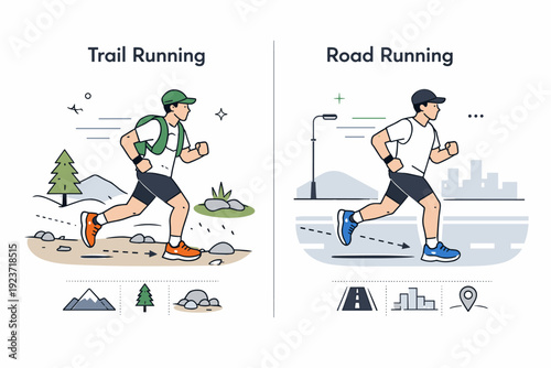 Trail and road running comparison. Athlete testing shoes on different surfaces with simplified motion trails and markers, calm and structured mood. Clean