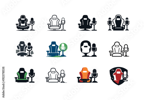 Gaming influencers. Icon set. Set Logo of Gaming influencers: gaming chair and mic. harmonious logo variations of the same emblematic