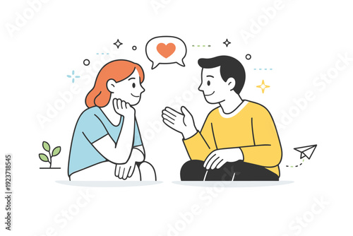 Mutual understanding. Two characters listening to each other with gentle gestures and eye contact. The mood feels calm, respectful, and