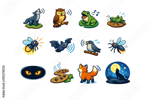 Night communication. Colorful isometric vector icons set of night communication: wolf howling, owl hooting, frog croaking, cricket chirping,
