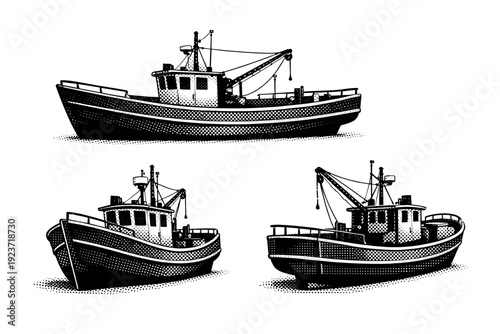 Boat isolated fishing boat. A traditional fishing boat with sturdy hull, raised bow, open working deck, and compact cabin displayed in side