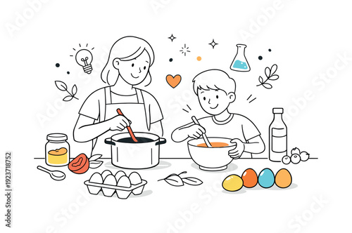Dyeing eggs with kids. A calm family scene with an adult and child stirring natural dye ingredients together, expressing shared creativity