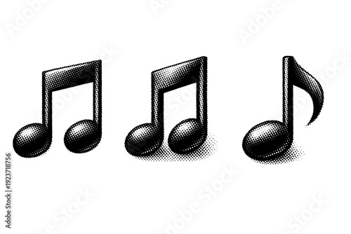 Musical Note Icon. Music note icon A music note icon depicted in three views with clear silhouette, balanced mass, and subtle dimensional depth. Black and