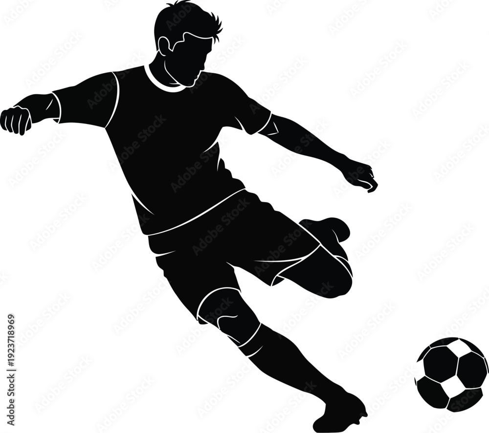 Naklejka premium Soccer player silhouette kicking the ball with dynamic motion.