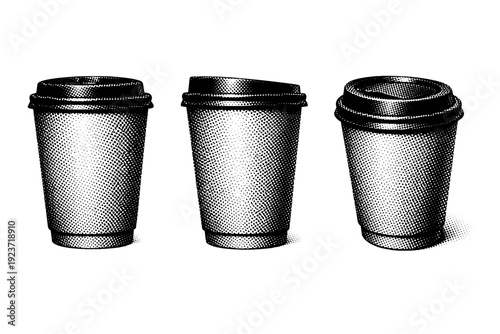 Coffee cup takeaway branding. A realistic branded takeaway coffee cup shown as a single object from three different angles: front view, side