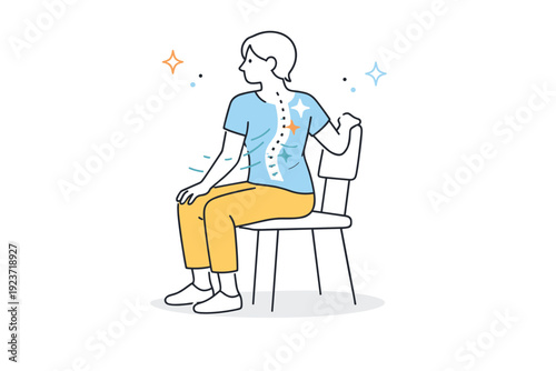 seated back twist. A person gently twisting their torso in a chair with feet flat, abstract motion lines and small stars showing calm spine alignment and slow