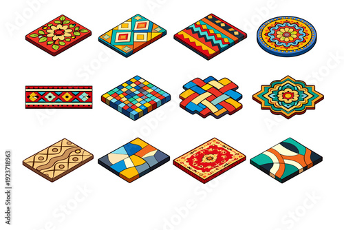 Rug Patterns. Colorful isometric vector icons set of rug patterns: floral carpet motif, geometric diamond pattern, tribal design textile,