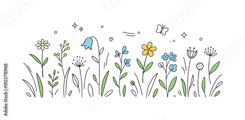 Charming hand-drawn wildflowers and a butterfly in a simple, clean line art style