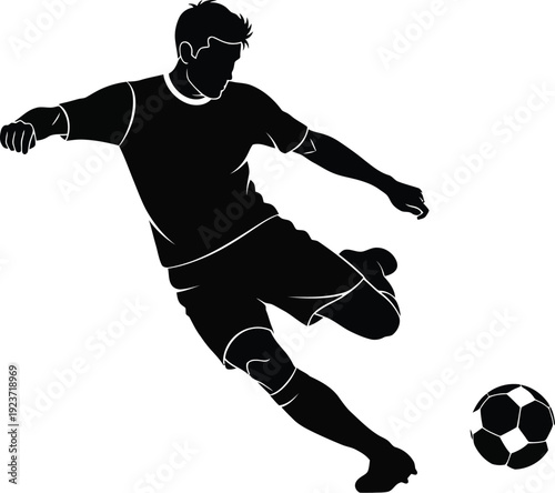 Soccer player silhouette kicking the ball with dynamic motion.